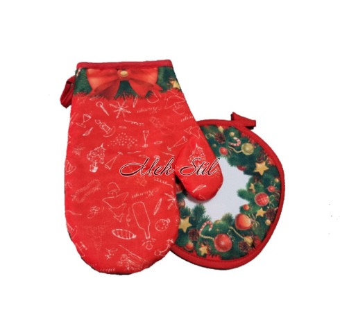 Комплект кухненски текстил ръкавица с ръкохватка - Коледен венец